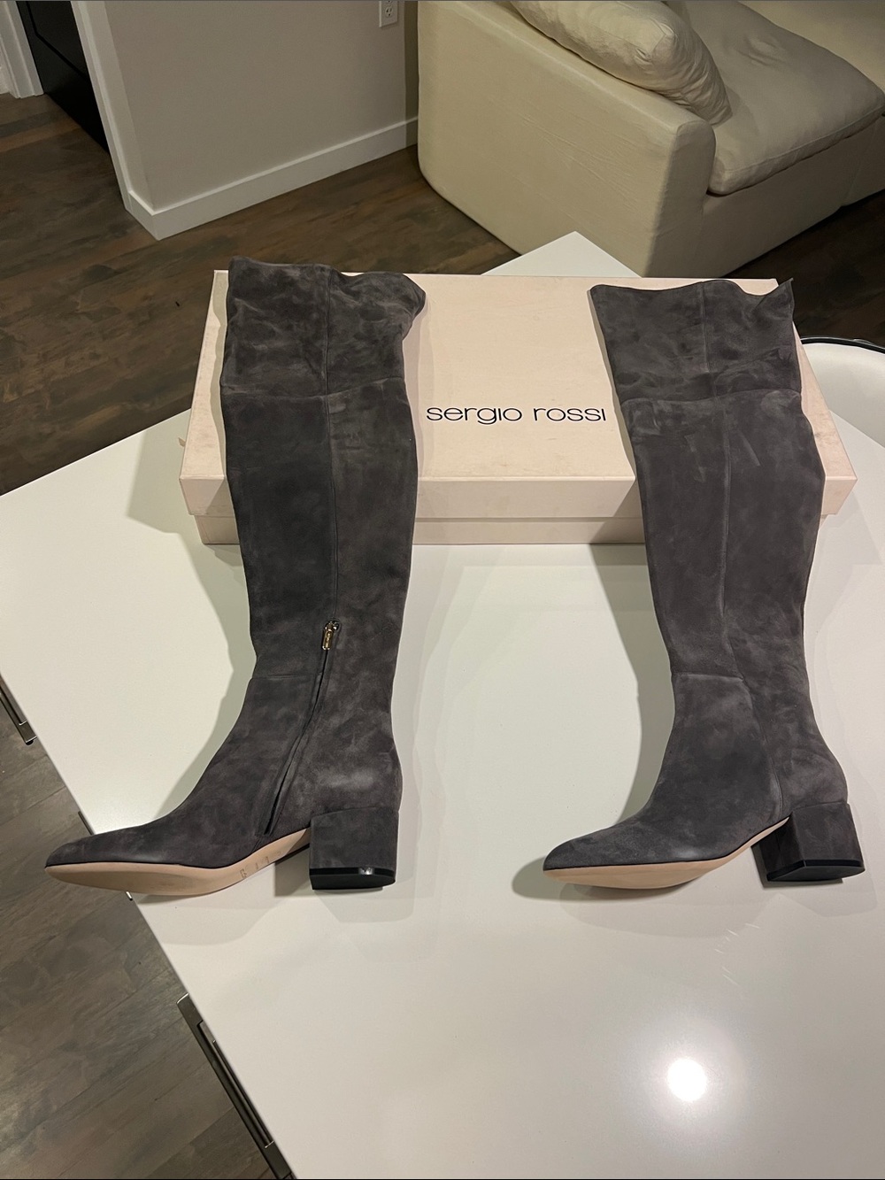 Sergio Rossi scarpe donna over the knee gray suede leather heel long boots 40.5